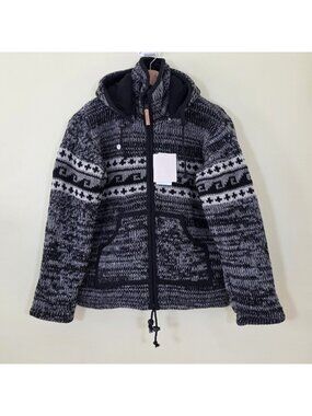 Ark Imports Knit Wave Wool Jacket S Gray Black Zip Fleece Lined Detachable Hood